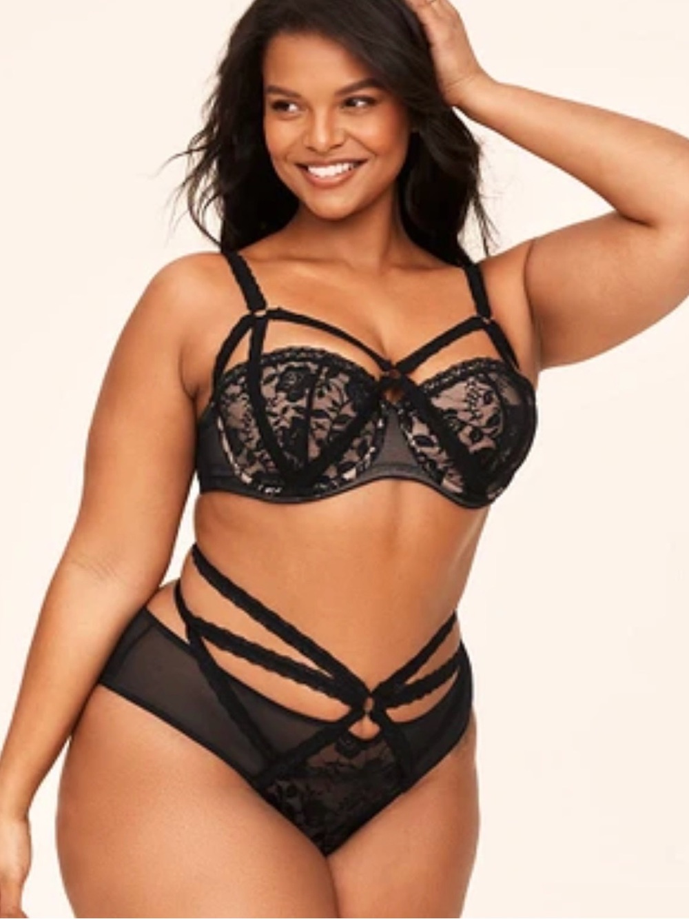 Adore Me Black Lace Overlay Bra with Nude Lining